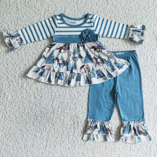 9.23 GLP0019 Baby Girls Winter Outfits Baby girls western horse stripe ruffle pants clothing sets