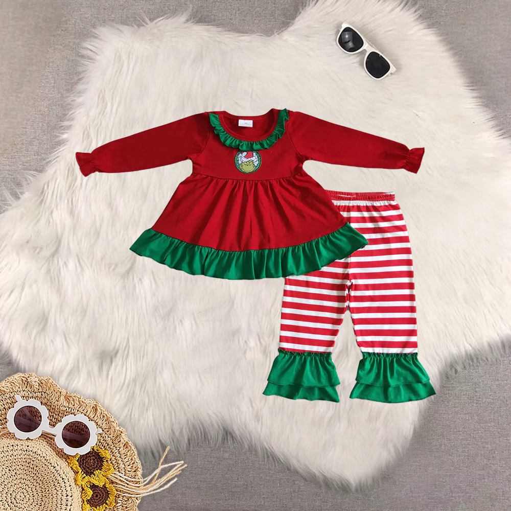 8.23 RTS Sibling Baby Green face shirt stripe ruffle pants kids Christmas clothing