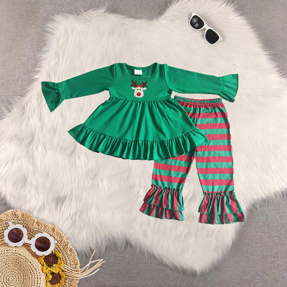 8.21 RTS Sibling Baby Boys Girls Reindeer embroidery tunic stripe pants kids girls Christmas clothes