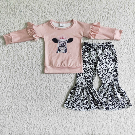 GLP0054  Baby girls fall pink cow bell pants clothes sets
