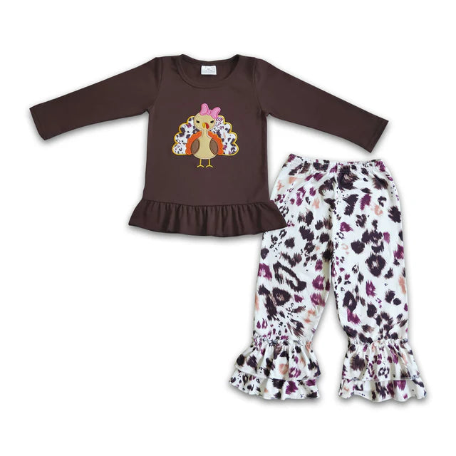 RTS Sibling Baby Girls Long Sleeves Turkey Ruffle Leopard Pant Sets Romper
