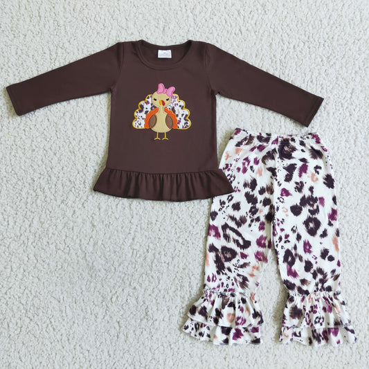 GLP0059 Baby girls brown thanksgiving turkey shirt leopard pants clothes