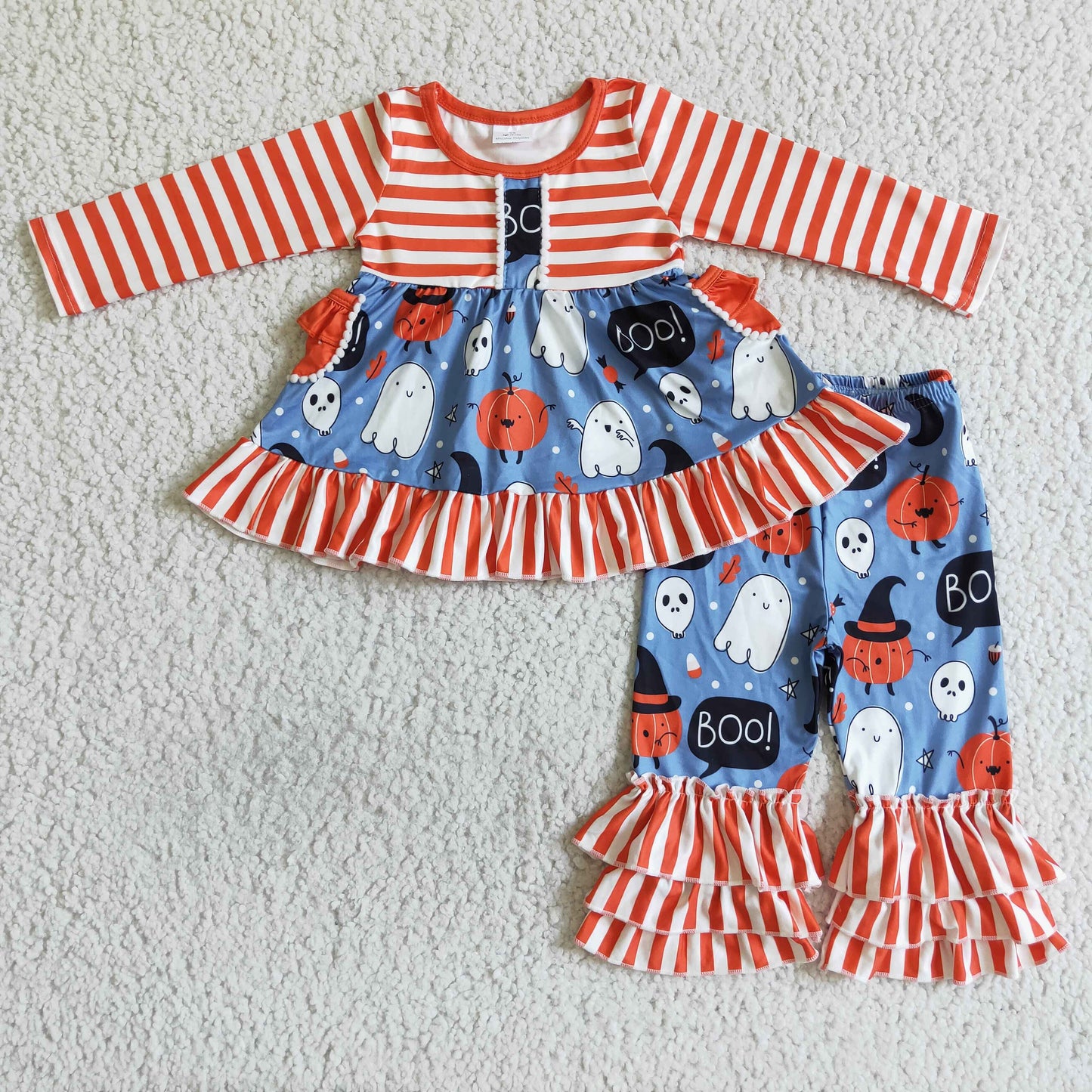 9.15 GLP0077 Baby Girls Winter Outfits Baby Girls Halloween Ghost Orange Stripe Pants Sets
