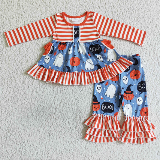 9.15 GLP0077 Baby Girls Winter Outfits Baby Girls Halloween Ghost Orange Stripe Pants Sets