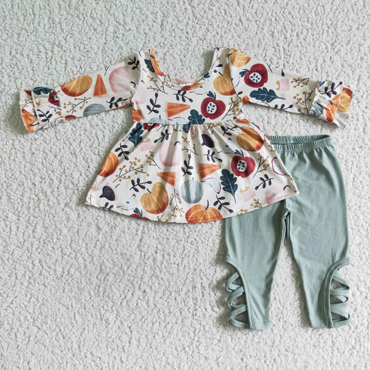 9.15 GLP0113 Baby Girls Winter Outfits Fall baby girls green pumpkin tunic legging clothes sets
