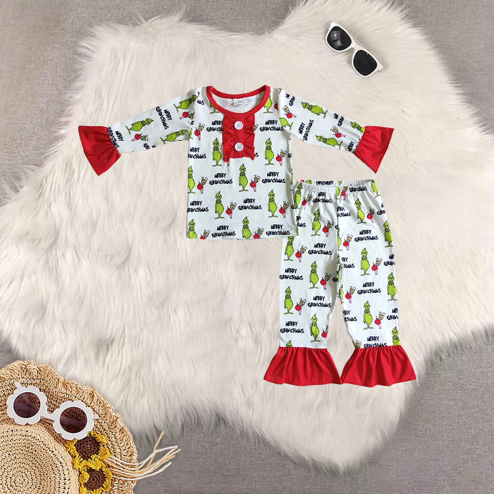 8.20 RTS Sibling Green face merry Christmas kids girls pajamas set