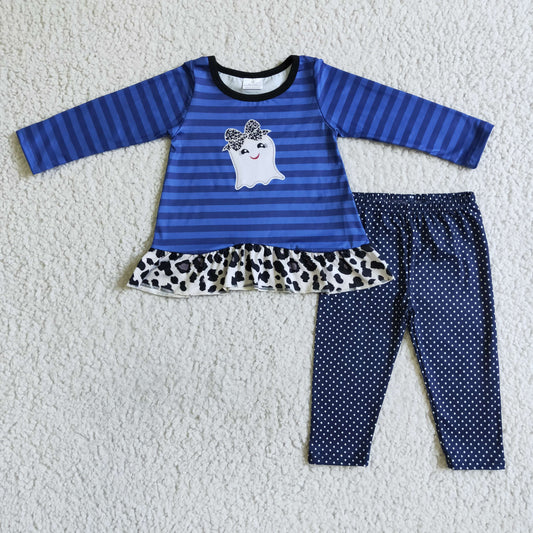 9.27 GLP0140 RTS No Moq Promotion Baby Girls Winter Outfits Baby girls Halloween blue stripe ghost clothes sets