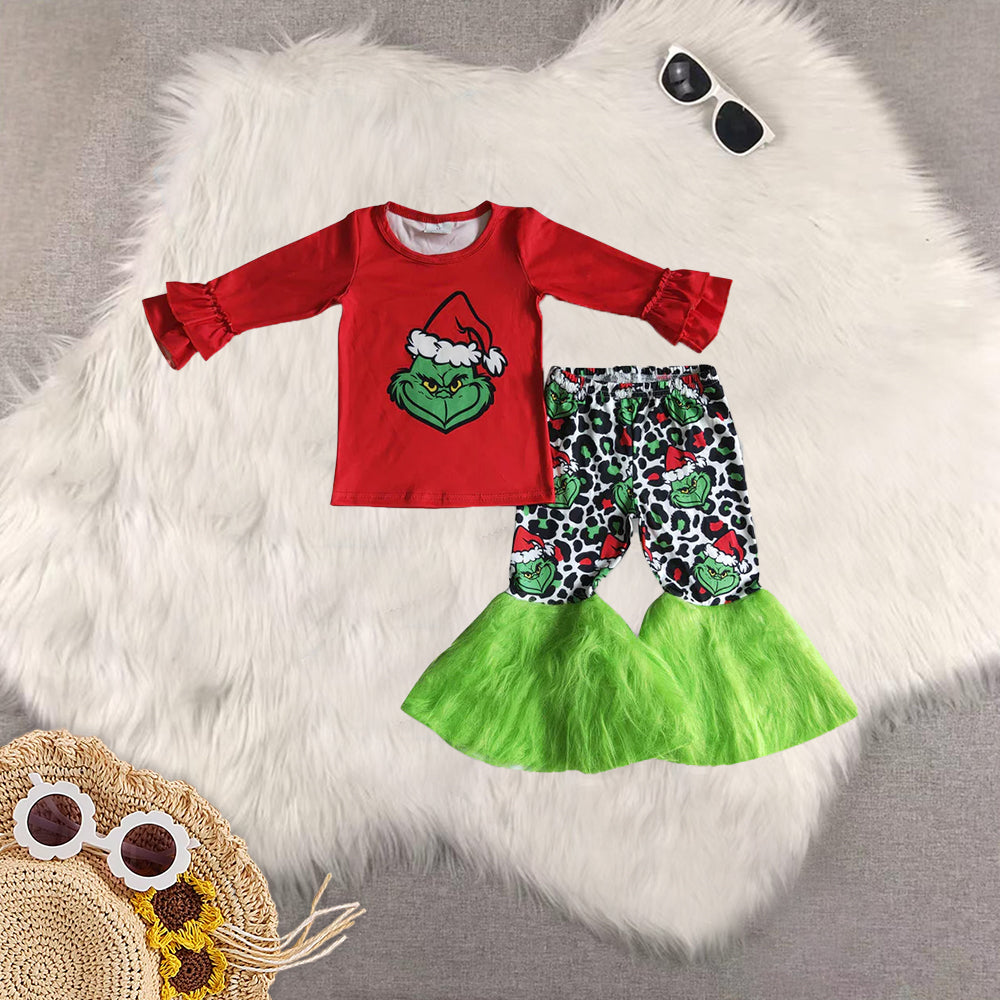8.23 RTS Sibling Baby Green face red shirt faux fur bell bottom pants girls Christmas clothes