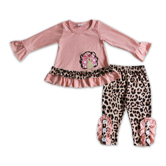 RTS Sibling milk silk Baby Girls Pink Fall Turkey Print Thanksgiving Tunic Top Ruffle Pants Two Piece Clothes Sets Dress Rompers