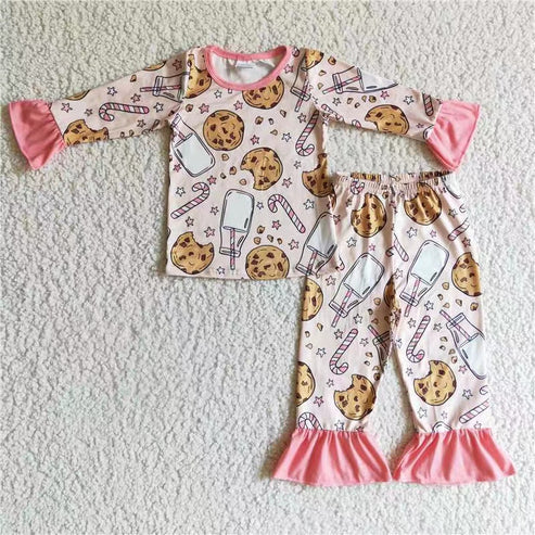 9.16 RTS Sibling Baby Kids Cookie Milk Candy Cane Top Pants Christmas Pajamas Sets Zipper Footie Rompers