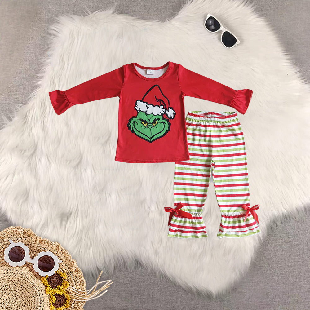 8.23 RTS Sibling Baby Green face shirt stripe ruffle pants kids Christmas clothing