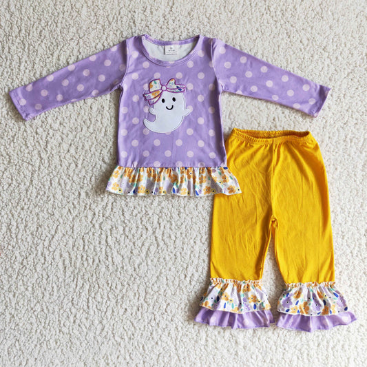 9.27 GLP0200 RTS No Moq Promotion Baby Girls Winter Outfits Baby Girls Halloween Ghost lavender dots pants sets