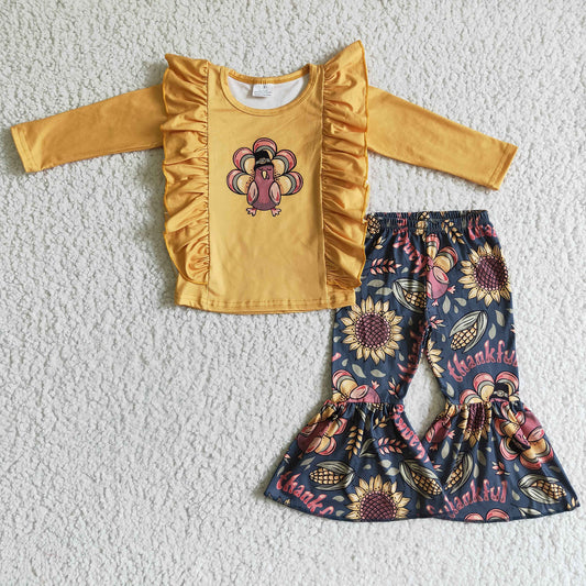 9.27 GLP0201 RTS No Moq Promotion  Baby Girls Winter Outfits Baby Girls thanksgiving turkey bell pants sets