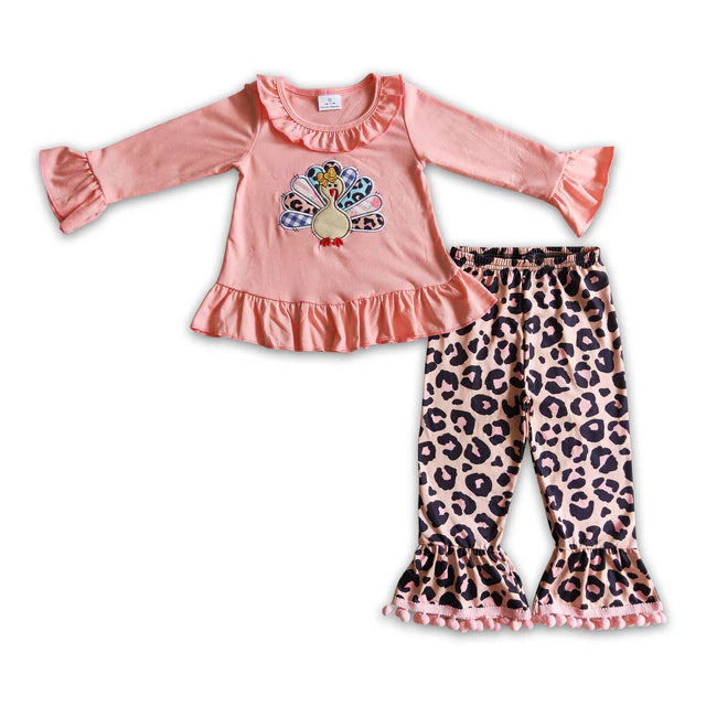 RTS Sibling milk silk Baby Girls Pink Fall Turkey Print Thanksgiving Tunic Top Ruffle Pants Two Piece Clothes Sets Dress Rompers