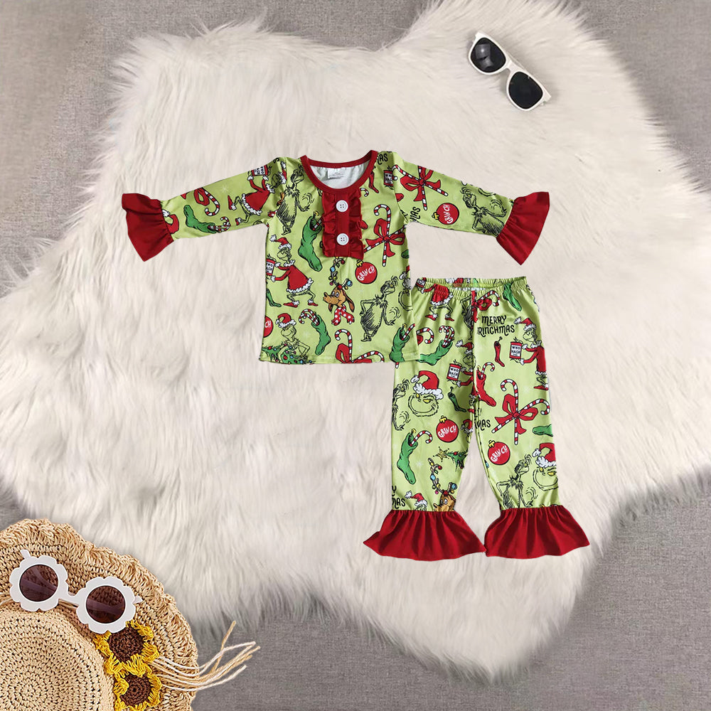 8.23 RTS Sibling Baby Boys Girls Green face merry Christmas kids girls pajamas