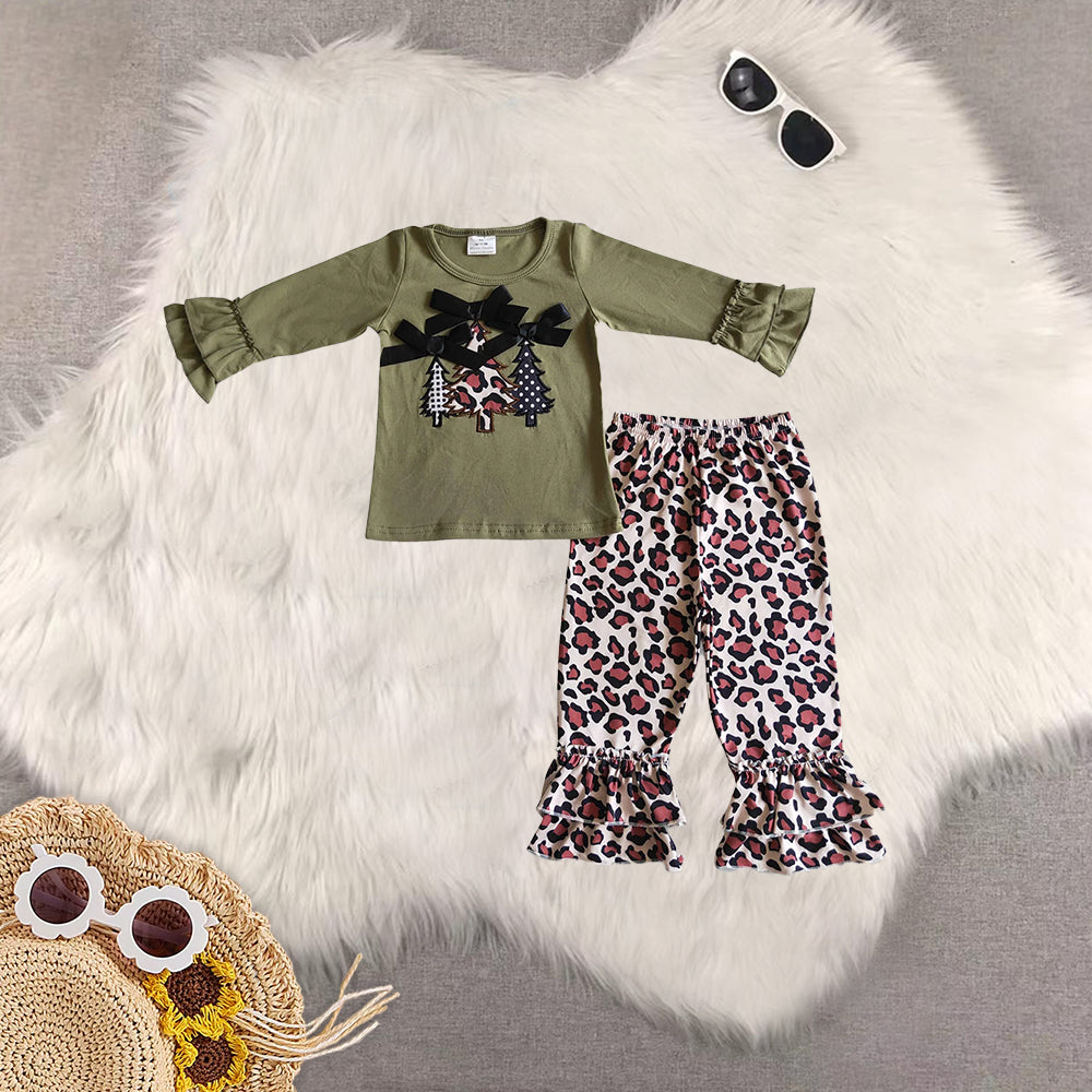 8.21 RTS Sibling Baby Christmas tree embroidery olive shirt leopard pants girls clothes