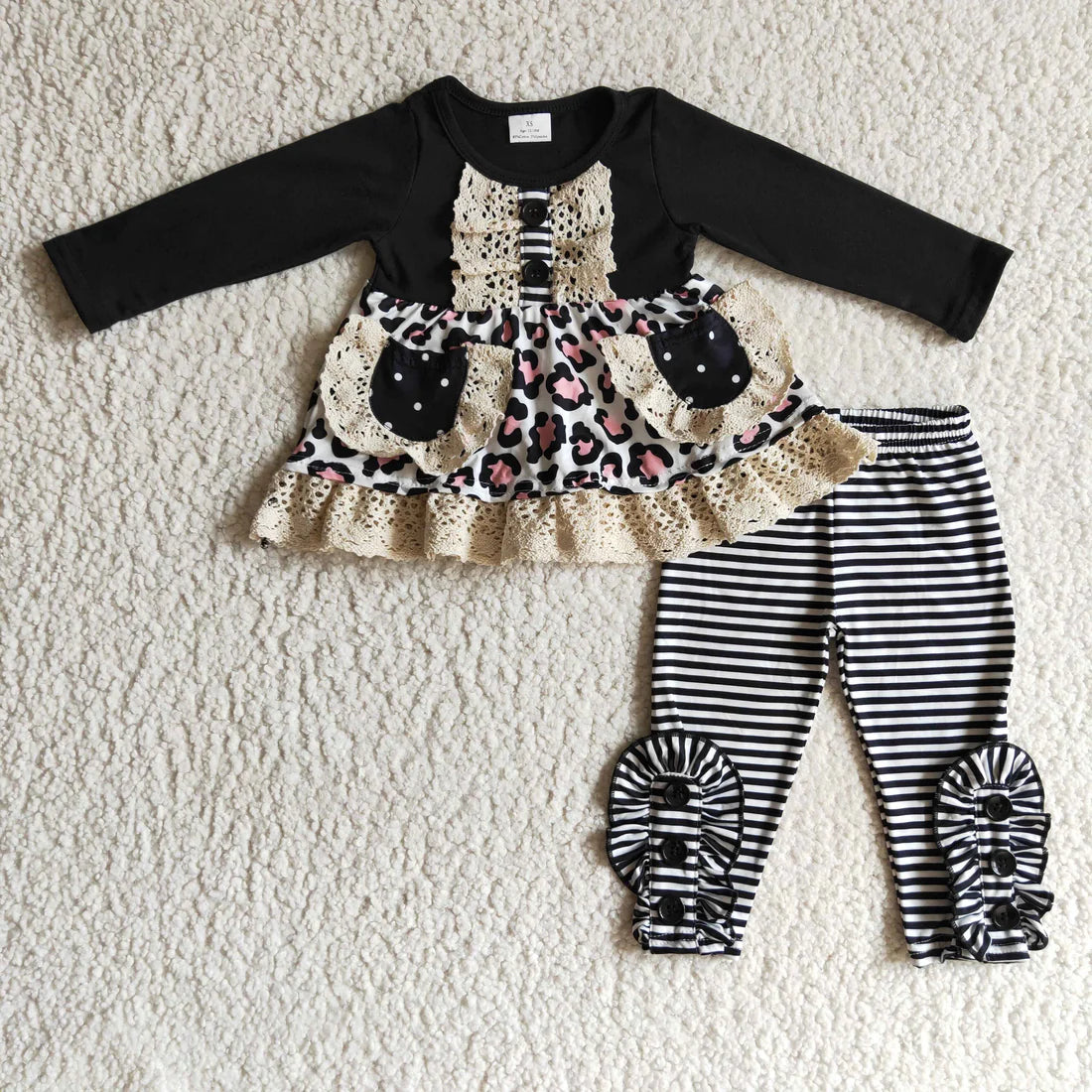 10.2 RTS Sibling Baby Girls Fall Flowers Leopard Pocket Button Tunic Legging Pants Clothing Sets
