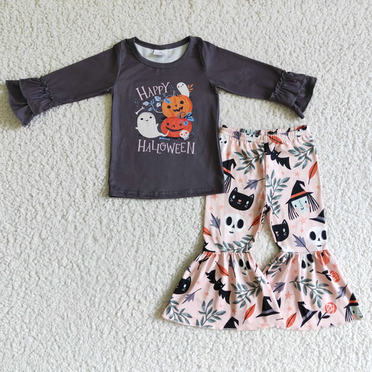 10.4 GLP0239 RTS No Moq Promotion Baby Girls Winter Outfits Baby Girls Hello Halloween ghost bell pants clothes sets
