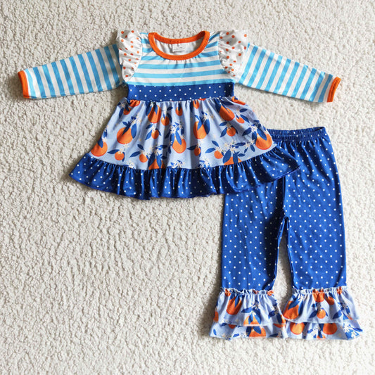 10.4 GLP0244 RTS No Moq Promotion Baby Girls fall blue color fruits long sleeve top pants clothes sets