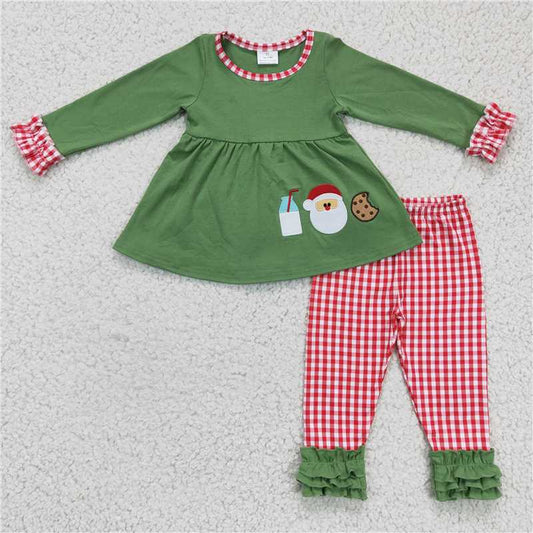 USA Warehouse (IN STOCK) GLP0356 Girls Milk Santa Biscuit Embroidery Tunic Plaid Pants Christmas Themed Outfit Set for Kids