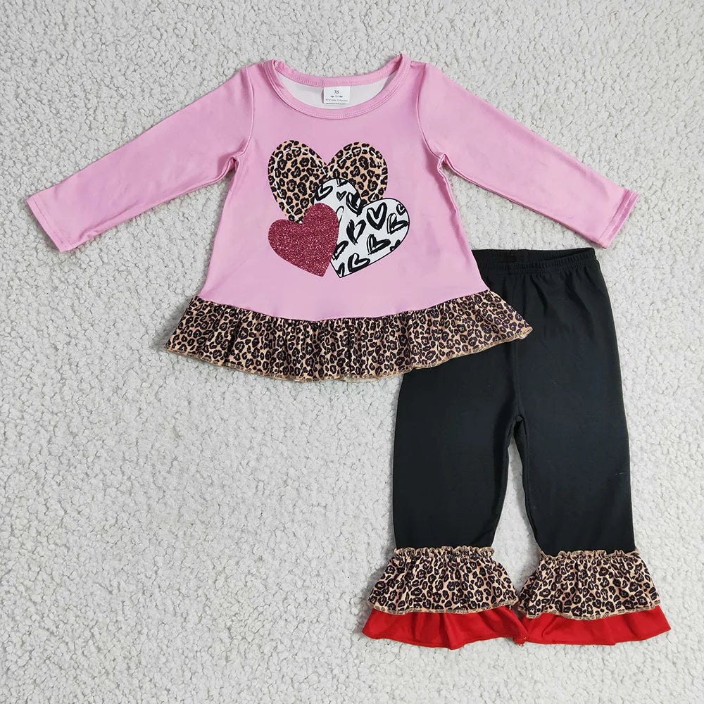 11.29 RTS Sibling Baby Girls Leopard Hearts Tunic Ruffle Pants Valentines Clothes Set Footie Rompers