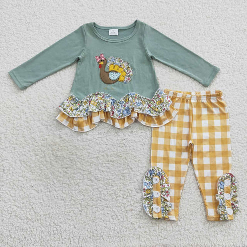 9.19 RTS Sibling Baby Girls Sibling Baby Girls Embroidery Turkey Long Ruffle Sleeves Pants Thanksgiving Clothes Sets