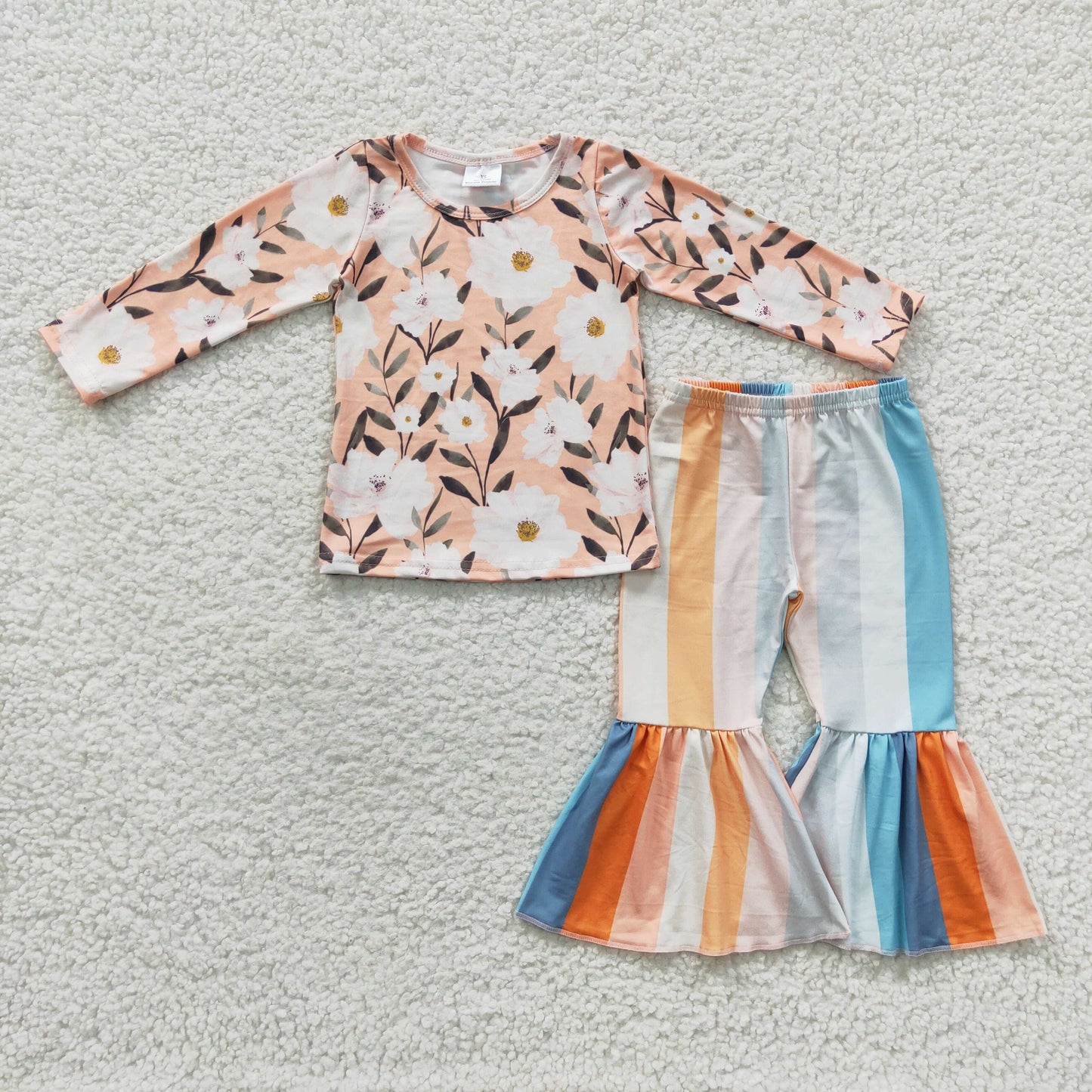 1.17 GLP0447 RTS No Moq Promotion Baby Girls Flowers Shirt Stripes Bell Pants Clothes Sets