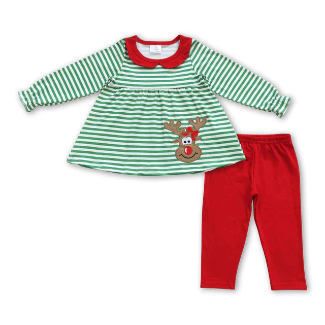 Sibling Baby Kids Christmas Embroidery Deer Stripe Clothes Sets Rompers Dresses