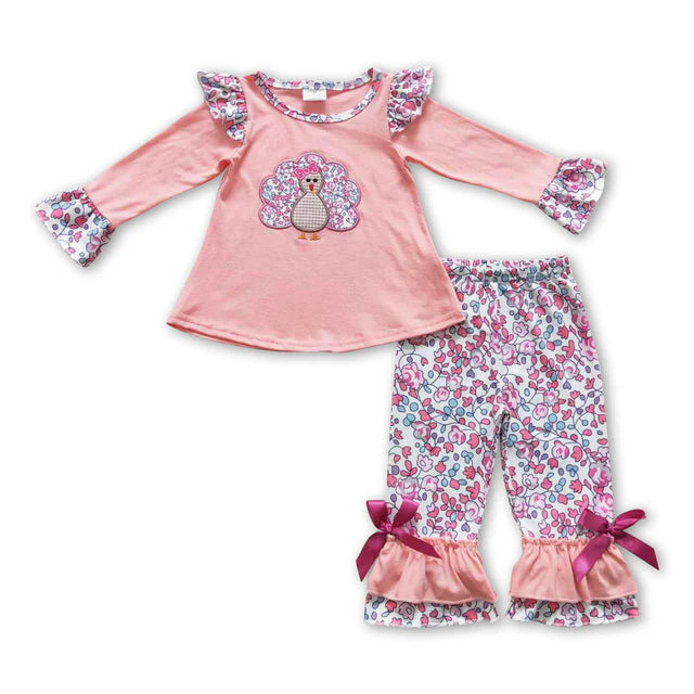 RTS Sibling milk silk Baby Girls Pink Fall Turkey Print Thanksgiving Tunic Top Ruffle Pants Two Piece Clothes Sets Dress Rompers