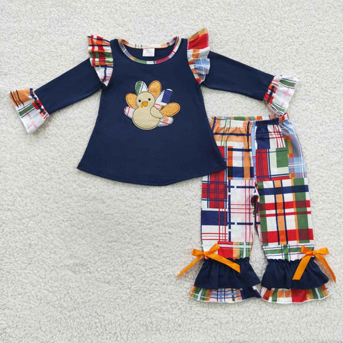 9.19 RTS Sibling Baby Girls Sibling Baby Girls Embroidery Turkey Long Ruffle Sleeves Pants Thanksgiving Clothes Sets