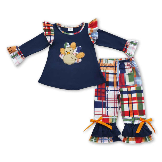 RTS Sibling Sibling milk silk Baby Girls Thanksgiving Print Tunic Top Ruffle Hem Pants Two Piece Clothes Sets Rompers