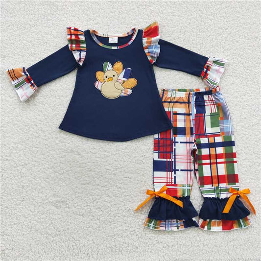 USA Warehouse (IN STOCK) GLP0472 Girls Navy Turkey Plaid Pants Outfit Thanksgiving Top And Pants Set for Kids