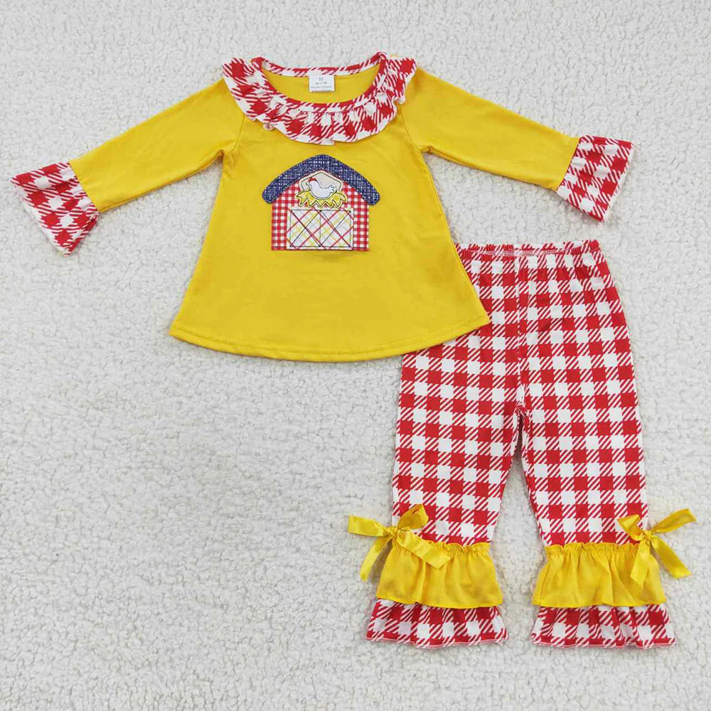 10.4 RTS Sibling Embroidery Baby Girls Fall Farm House Boys Rompers Outfits Sets