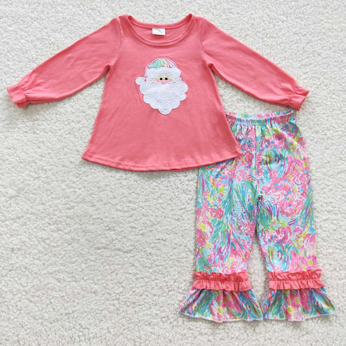 9.22 RTS Embroidery Santa Sibling Baby Girls Tunic Top Pants Christmas Pajamas Clothes Sets