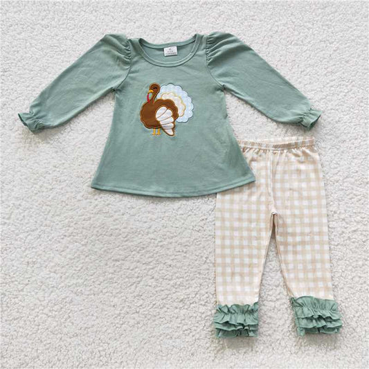 USA Warehouse (IN STOCK) GLP0534 Girls Thanksgiving Turkey Top Icing Ruffle Leggings Cute Holiday Outfit for Kids