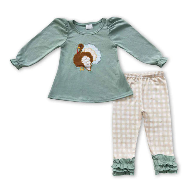RTS Sibling Sibling milk silk Baby Girls Thanksgiving Print Tunic Top Ruffle Hem Pants Two Piece Clothes Sets Rompers（副本）