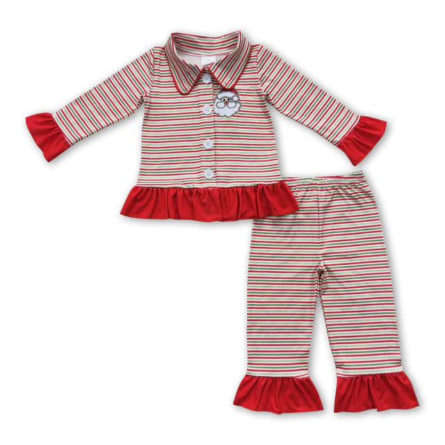 RTS Sibling Baby Kids Embroidery Santa Button Top Pants Christmas Pajamas Sets