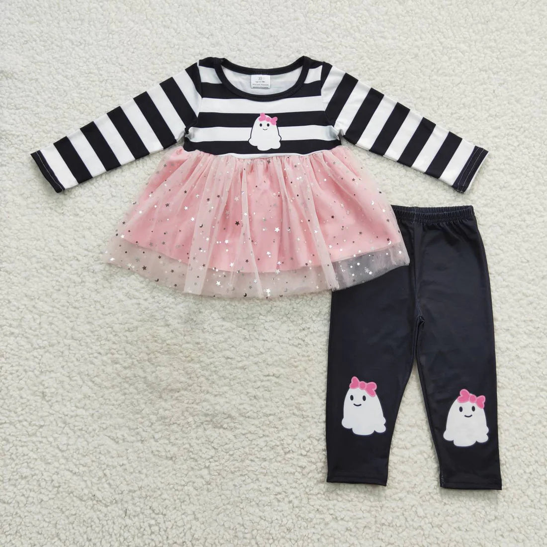 10.2 RTS Sibling Baby Girls Long Sleeves Ghosts Bows Tunic Pants Halloween Clothes Sets