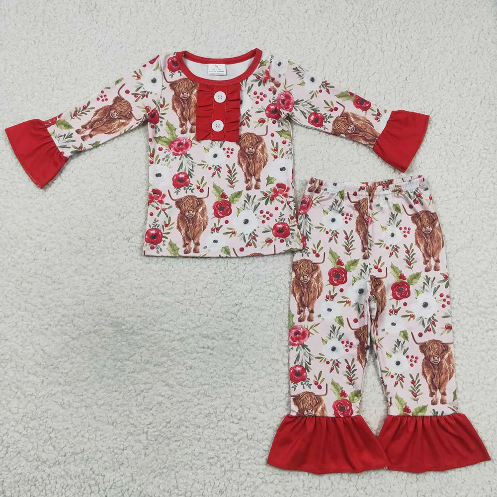 12.1 RTS Sibling Baby Girls Flowers Highland Cows Ruffle Pant Western Pajamas Set Knee Length Dress