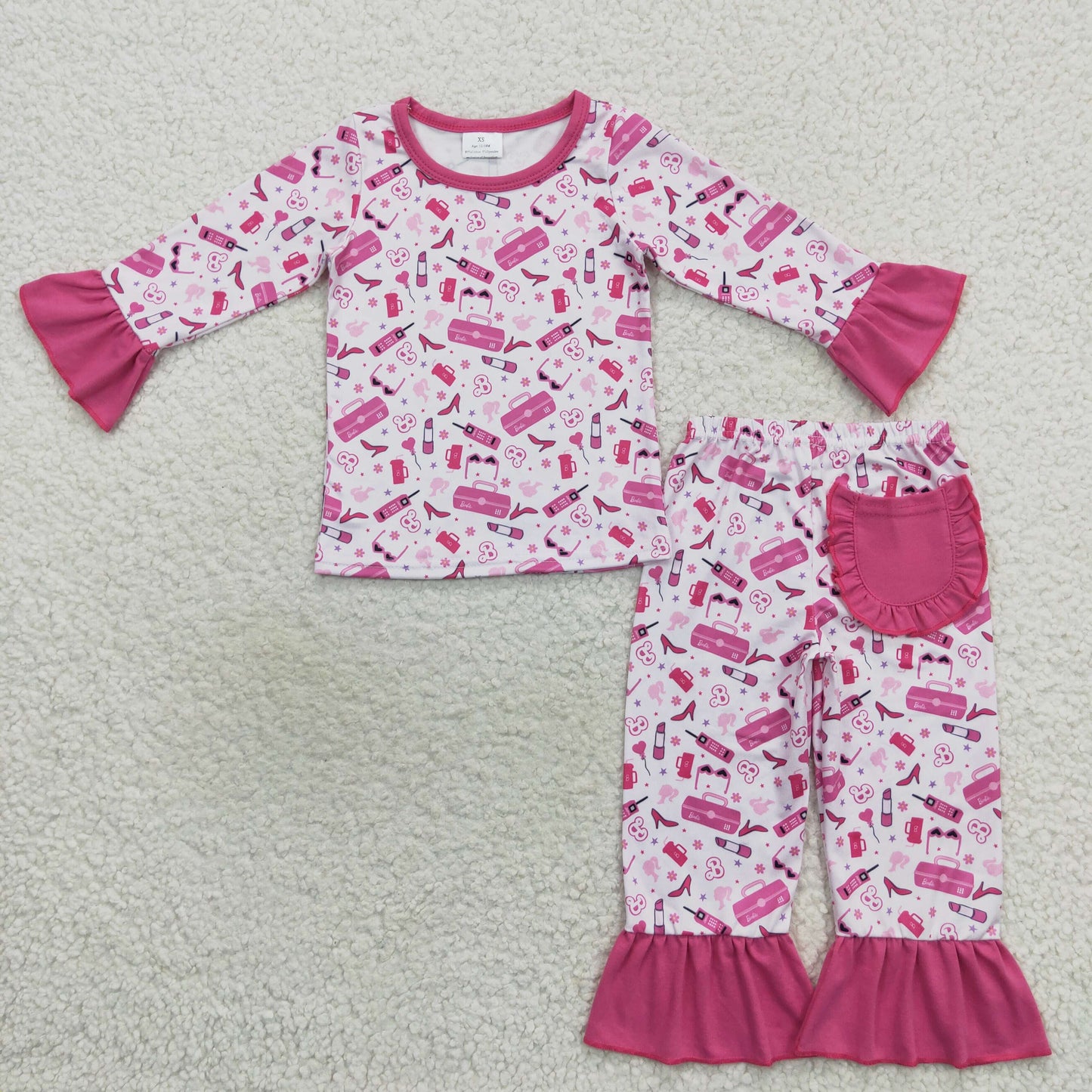 1.24 GLP0701 RTS No Moq Promotion Baby Girls Doll 2pcs Pink Color Ruffle Jammies Pajamas Clothes Sets