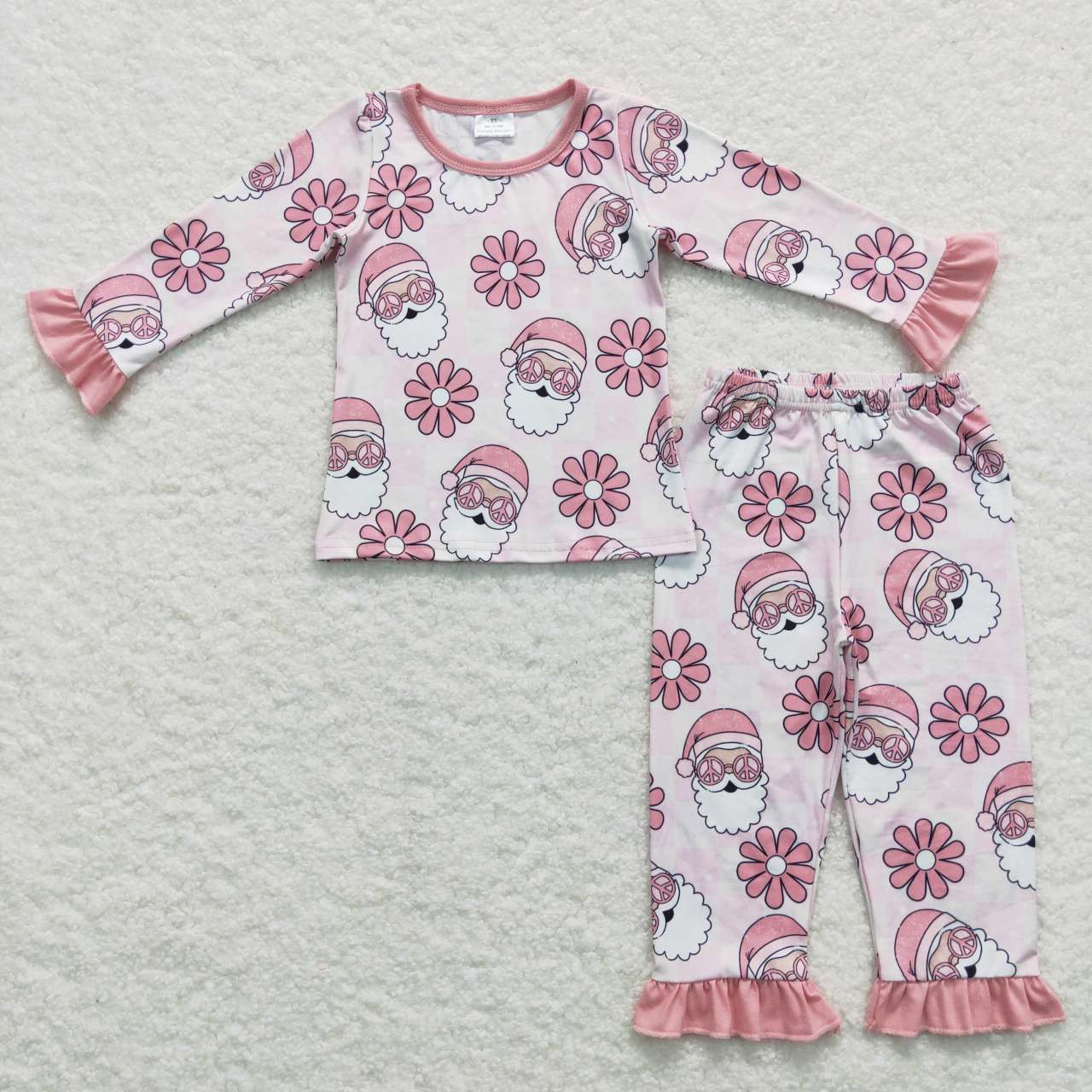 9.18 RTS Sibling Baby Girls Pink Santa Flowers Top Pants Christmas Pajamas Sets Ruffle Zipper Rompers