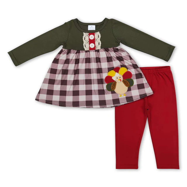 RTS Sibling Baby Kids Embroidery Turkey Thanksgiving Clothes Sets Footie Rompers