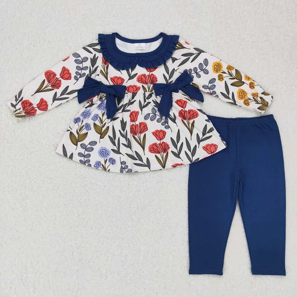 1.8 RTS Sibling Baby Girls Navy Floral Bows Tunic Leggings Clothes Set Ruffle Romper