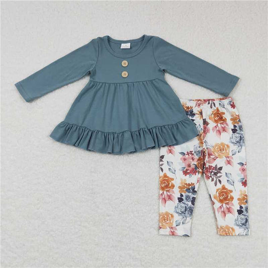 USA Warehouse (IN STOCK)GLP0852 Girls Floral Leggings And Solid Ruffle Tunic Set Cute Clothing Outfit for Kids