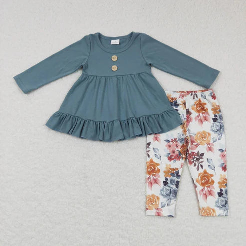 9.17 RTS Sibling Baby Girls Bows Flowers Tunic Leggings Pant Long Ruffle Sleeves Clothes Sets