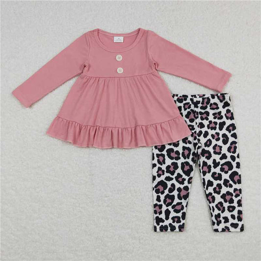 RTS Solid ruffle tunicleopard leggings girls clothing set