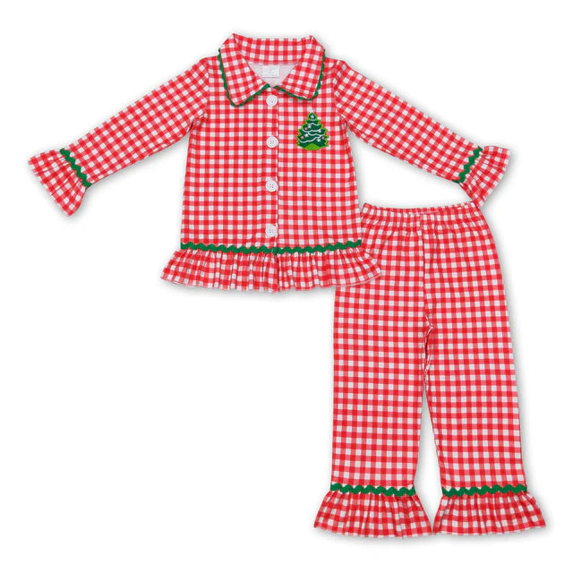 RTS Sibling Baby Kids Embroidery Santa Trees Button Top Pants Christmas Pajamas Sets