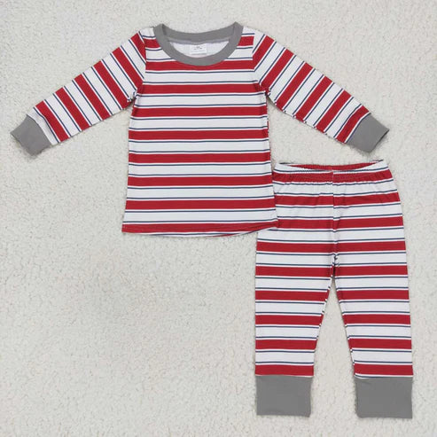 9.16 RTS Sibling Baby Boys Girls Red Stripe Top Pants Christmas Pajamas Clothes Sets Zipper Footie Rompers