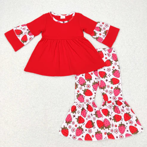 9.17 RTS Sibling Sibling Baby Girls Strawberry Flowers Top Bell Bottom Pants Clothes Sets Rompers
