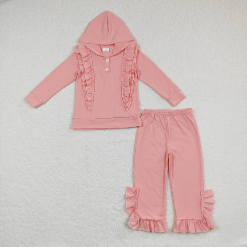 9.24 RTS Sibling Baby Girls Ruffle Hooded Leopard Floral Top Bell Pants Clothes Sets